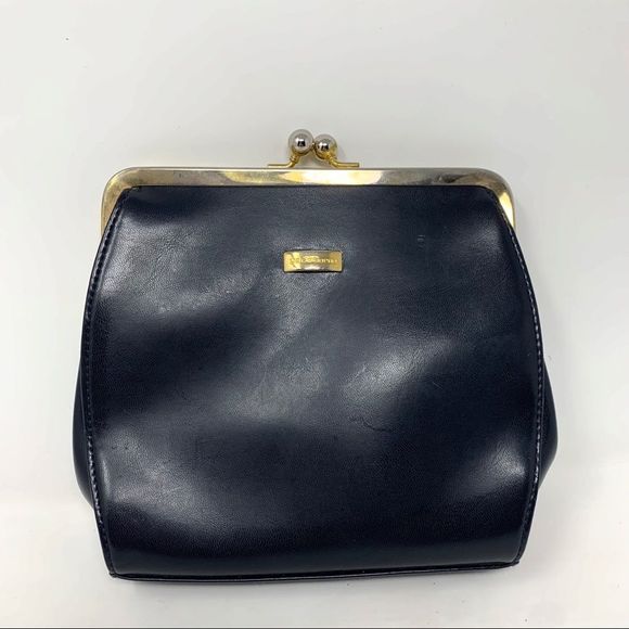 VINTAGE Liz Claiborne Black Faux Leather Clasp Top Purse - Picture 2 of 13